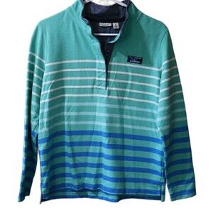 LL Bean Blue Green Striped Preppy Henley Petite Medium Classic Knit Tee